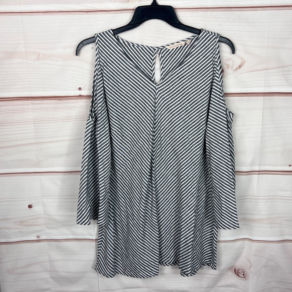 Soft Surroundings Top Women XL Gray Stripe Tunic Blouse Bell Sleeve V-Neck Woven